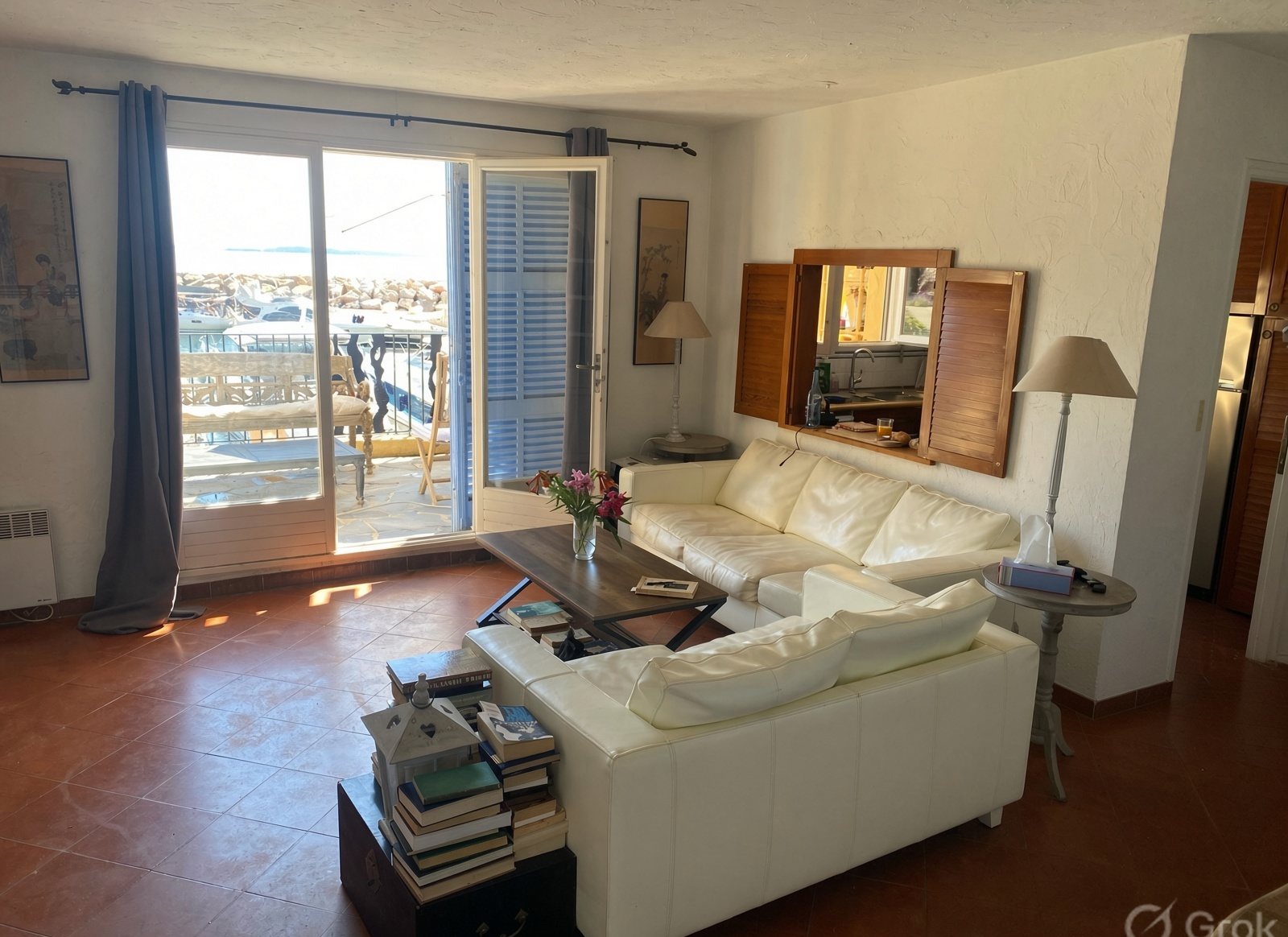 Living room with serving hatch to the kitchen and sliders to the marina